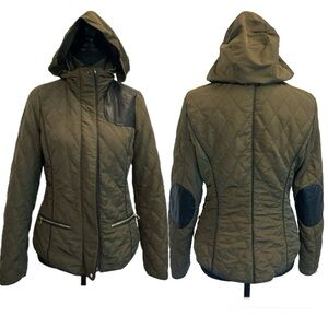 Zara Olive Green elbow patch quilted hooded jacket coat Sz S